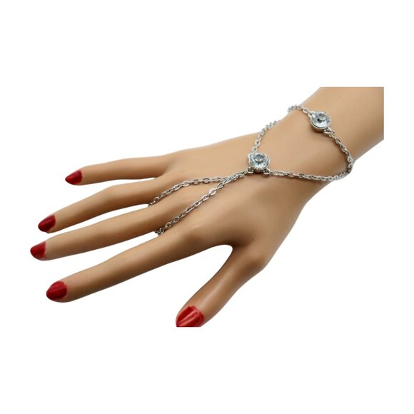 New Women Silver Metal Hand Chain Fashion Bracelet Connected Ring 2 Bling Beads - Picture 9 of 17